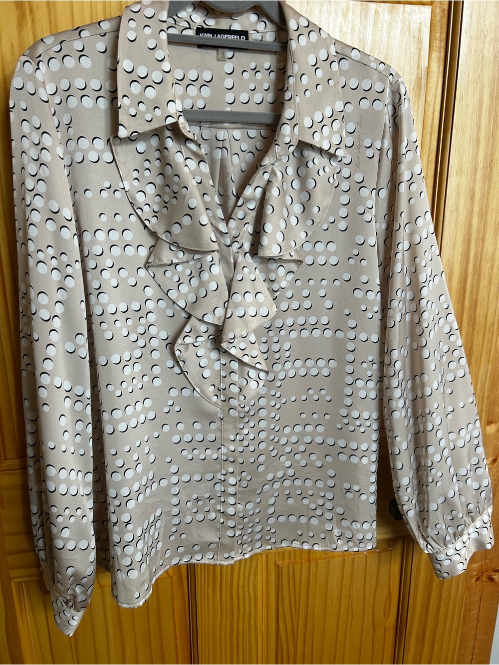 Karl Lagerfeld Cream Button-Down Ruffle Blouse with Dot Print - Picture 2 of 6